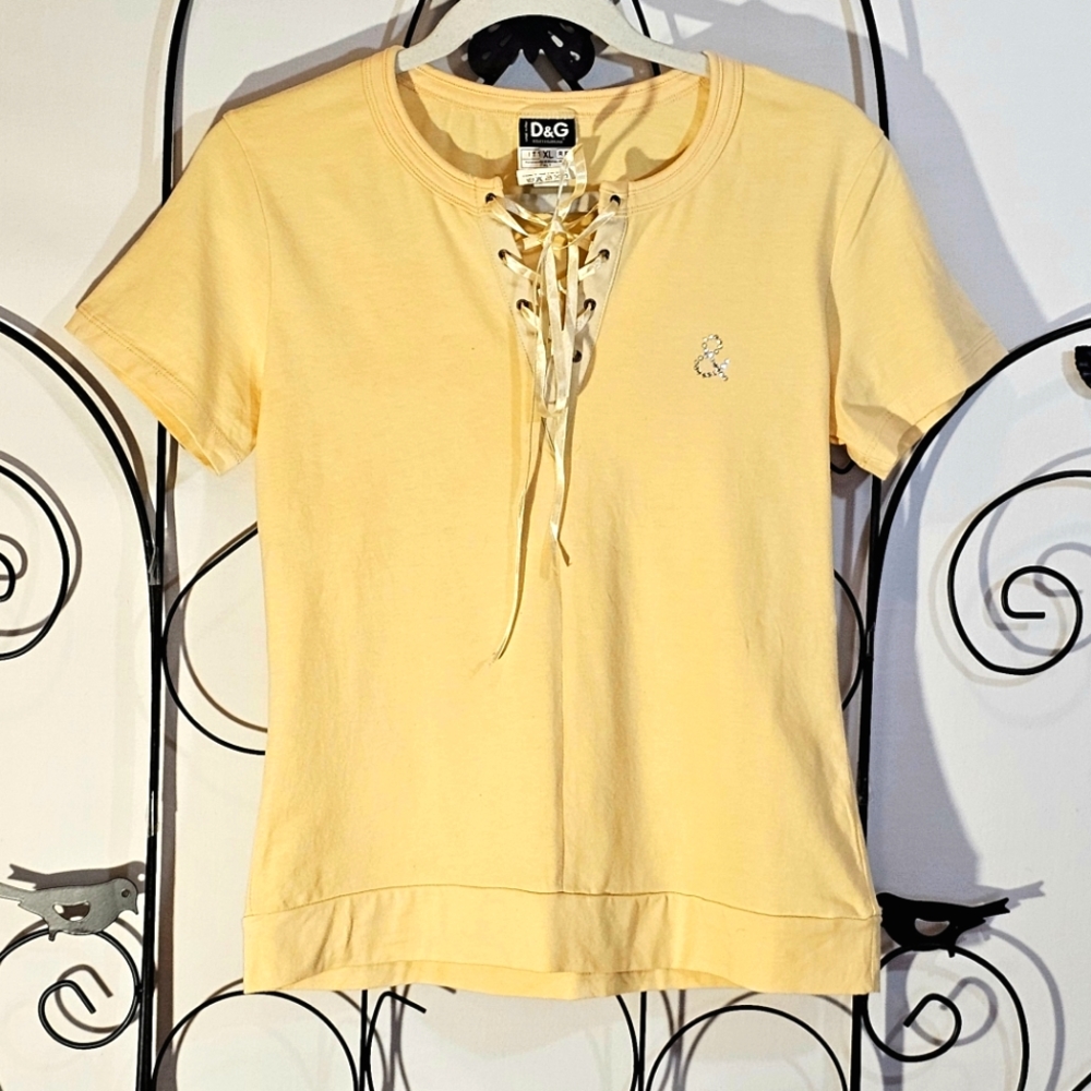 Dolce and Gabbana Vintage Yellow Laced V-Neck Shirt
